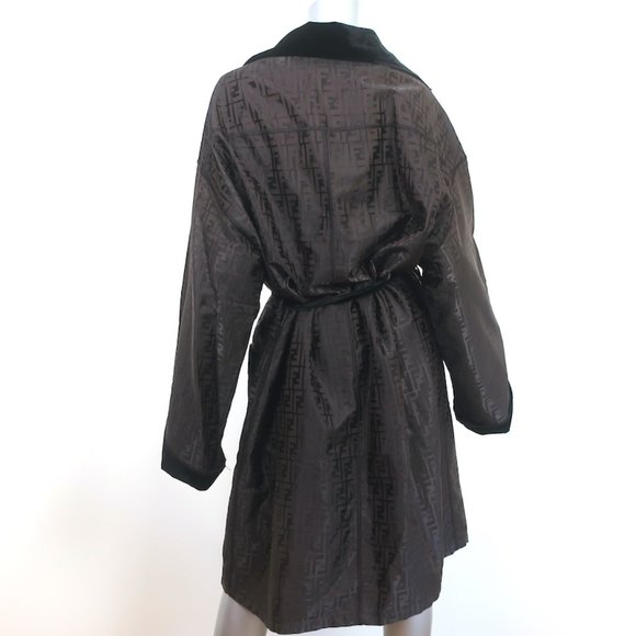VINTAGE FENDI FF JACQUARD ROBE WITH VELVET TRIM DARK BROWN SIZE US 12 - Picture 4 of 6